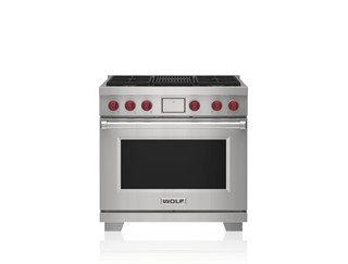 DF36450C/S/P : Wolf 36" Dual Fuel Range - 4 Burners and Infrared Charbroiler, 20" Riser, Brass Knobs